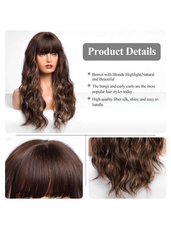 Women\'s Dark Brown Heat Resistant Long Curly Wavy Synthetic Wig Bang Size 26In main image 7
